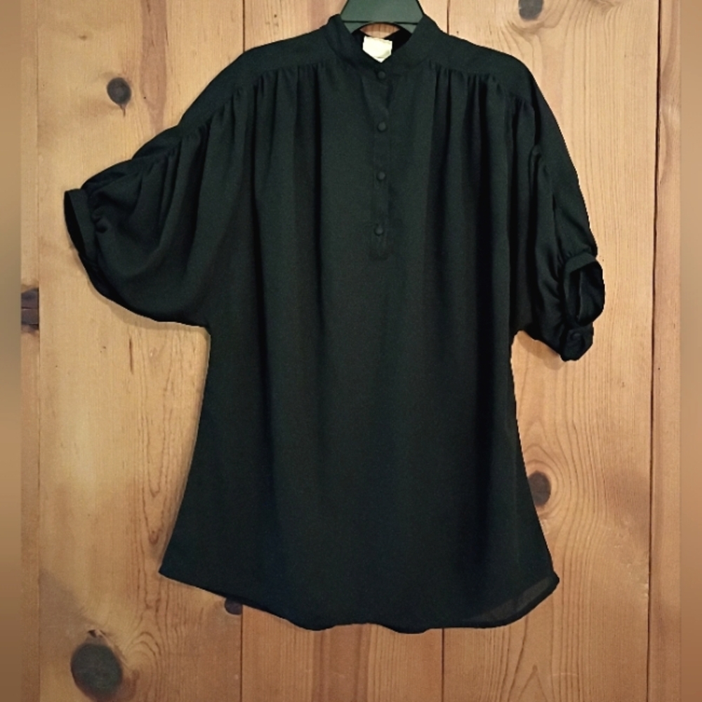 Vintage For The Birds Mandarin Collar Blouse With Puff Sleeves